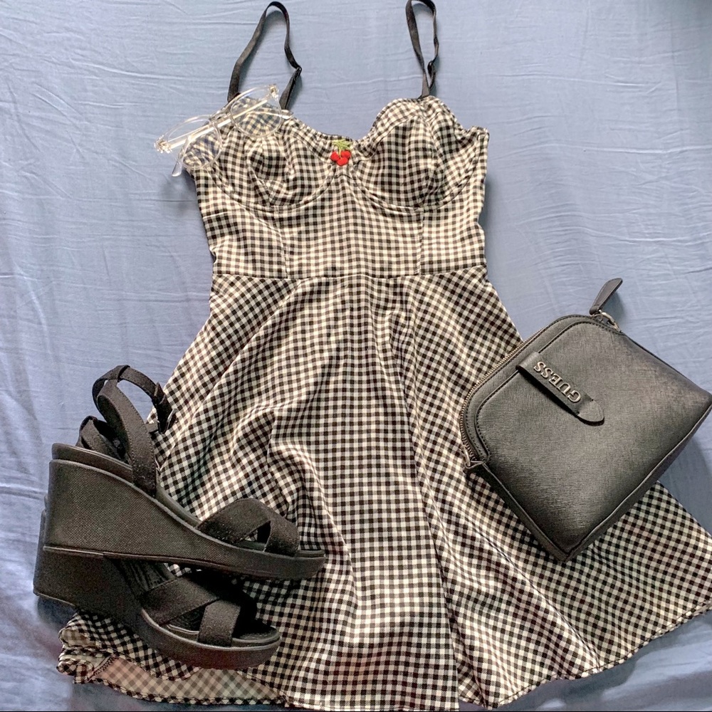 Black and white cooperative mini dress with cherry detail